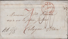 138761 1840 MAIL LONDON TO COLOGNE, POST PAID TO ROTTERDAM WITH VARIOUS HAND STAMPS.