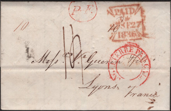 138762 1836 MAIL LONDON TO LYONS, POST PAID TO CALAIS.