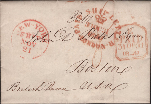 138764 1840 MAIL LONDON TO BOSTON USA WITH VARIOUS HAND STAMPS.
