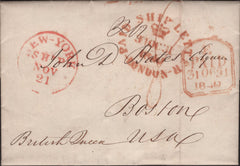 138764 1840 MAIL LONDON TO BOSTON USA WITH VARIOUS HAND STAMPS.
