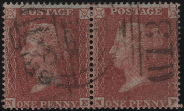 138769 1855 DIE 2 1D PL.8 L.C.16 (SG26) HORIZONTAL PAIR LETTERED NE NF.