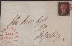 138772 1840 LETTER LLANGOLLEN, DENBIGHSHIRE TO DOLGELLY WITH 1D BLACK PL.2 (SG2)(KF).