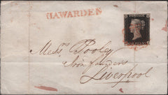138776 1840 LARGE PART WRAPPER HAWARDEN, FLINTSHIRE TO LIVERPOOL WITH 1D BLACK PL.6 (SG2) AND 'HAWARDEN' STRAIGHT LINE HAND STAMP (W1097).