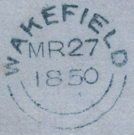 138799 1850 MAIL WAKEFIELD TO DEWSBURY WITH 1D PL.96 (SG8)(FK) MISSING IMPRIMATUR LETTERING.