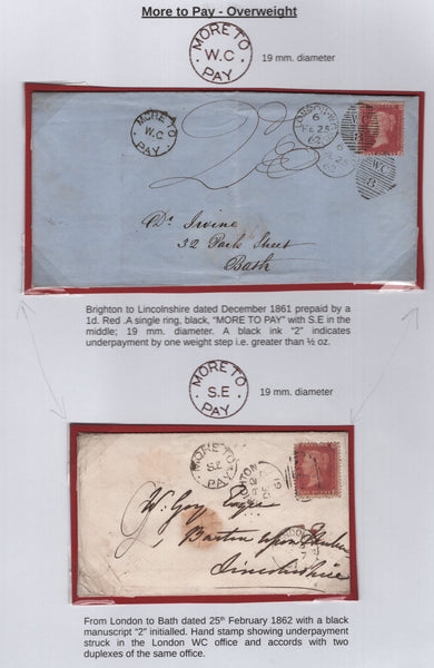 138813 1846-1888 COLLECTION OF UNDERPAID MAIL (26 ITEMS), 24 WITH 'MORE TO PAY' HAND STAMPS OR CHARGE MARKS.
