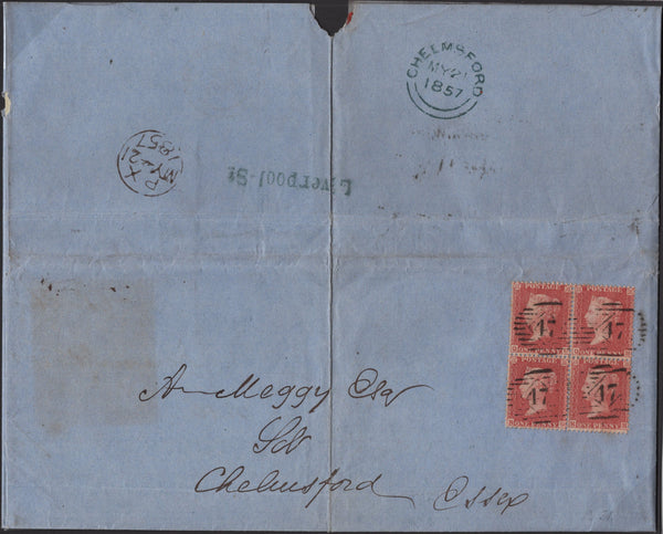 138816 1857 MAIL LONDON TO CHELMSFORD WITH SUPERB BLOCK 1D PL.31 PALE RED ON TRANSITIONAL PAPER (SPEC C9).