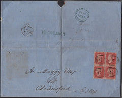 138816 1857 MAIL LONDON TO CHELMSFORD WITH SUPERB BLOCK 1D PL.31 PALE RED ON TRANSITIONAL PAPER (SPEC C9).