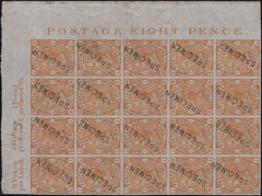 138819 1876 8D ORANGE (SG156) UPPER RIGHT CORNER MARGINAL IMPERFORATE BLOCK OF 20 COLOUR TRIAL IN ORANGE OVERPRINTED 'SPECIMEN' TYPE 11.