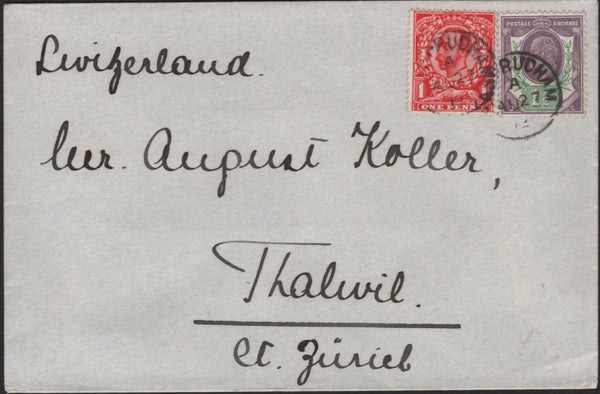 138825 1912 MAIL EAST RUDHAM, NORFOLK TO ZURICH WITH MIXED REIGNS STAMPS.