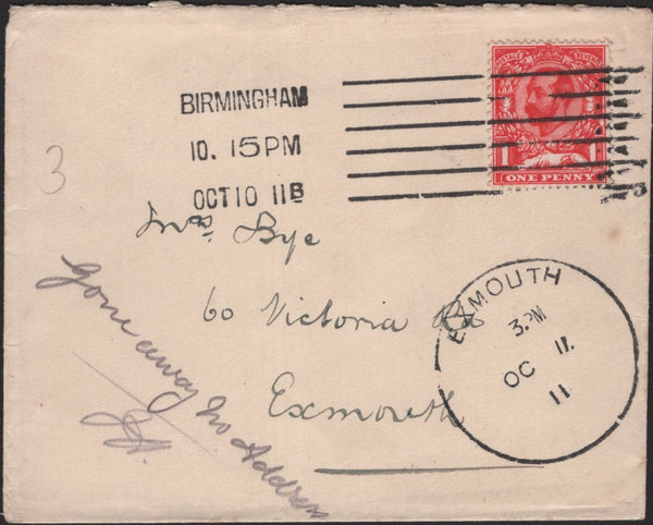 138829 1911 UNDELIVERED MAIL BIRMINGHAM TO EXMOUTH WITH 'EXMOUTH' SKELETON DATE STAMP.