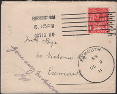 138829 1911 UNDELIVERED MAIL BIRMINGHAM TO EXMOUTH WITH 'EXMOUTH' SKELETON DATE STAMP.
