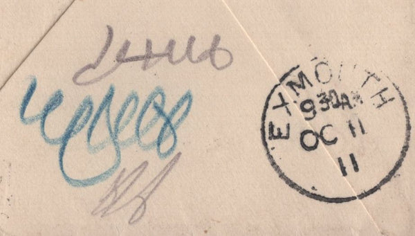 138829 1911 UNDELIVERED MAIL BIRMINGHAM TO EXMOUTH WITH 'EXMOUTH' SKELETON DATE STAMP.