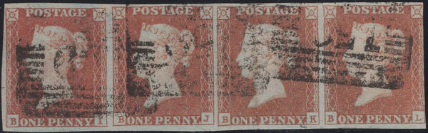 138870 1849 1D PL.90 (SG8g) HORIZONTAL STRIP OF FOUR, GOOD USED.