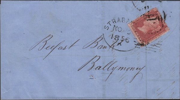 138900 1856 MAIL STRABANE, CO. TYRONE TO BALLYMONEY WITH DIE 2 1D PL.29 RED-BROWN ON WHITE PAPER (SG37/SPEC C8A) 'STRABANE' ENGLISH TYPE IRISH SPOON (RA52).