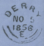 138900 1856 MAIL STRABANE, CO. TYRONE TO BALLYMONEY WITH DIE 2 1D PL.29 RED-BROWN ON WHITE PAPER (SG37/SPEC C8A) 'STRABANE' ENGLISH TYPE IRISH SPOON (RA52).