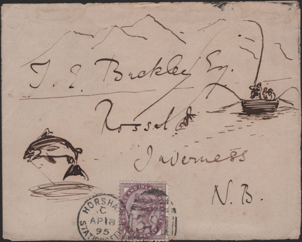 138908 1895 FRONT HORSHAM, SUSSEX TO INVERNESS WITH HAND INK ILLUSTRATIONS RELATING TO FISHING.