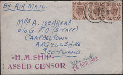 138909 1943 MAIL 'HMS BOLD' TO SCOTLAND WITH '=H.M.SHIP=/PASSED CENSOR' HAND STAMP.