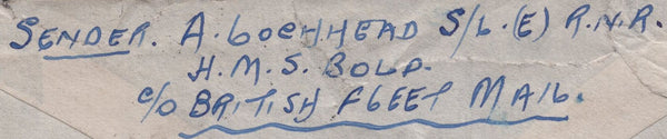 138909 1943 MAIL 'HMS BOLD' TO SCOTLAND WITH '=H.M.SHIP=/PASSED CENSOR' HAND STAMP.
