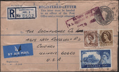 138928 1966 REGISTERED MAIL MANCHESTER TO USA WITH 10S CASTLE ISSUE.