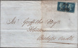 138930 1842 LETTER WELSHPOOL TO BISHOPS CASTLE, SHROPSHIRE WITH PAIR 2D BLUE (SG14) WITH SINGLE MALTESE CROSS CANCELLATION.