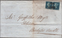 138930 1842 LETTER WELSHPOOL TO BISHOPS CASTLE, SHROPSHIRE WITH PAIR 2D BLUE (SG14) WITH SINGLE MALTESE CROSS CANCELLATION.