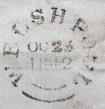 138930 1842 LETTER WELSHPOOL TO BISHOPS CASTLE, SHROPSHIRE WITH PAIR 2D BLUE (SG14) WITH SINGLE MALTESE CROSS CANCELLATION.