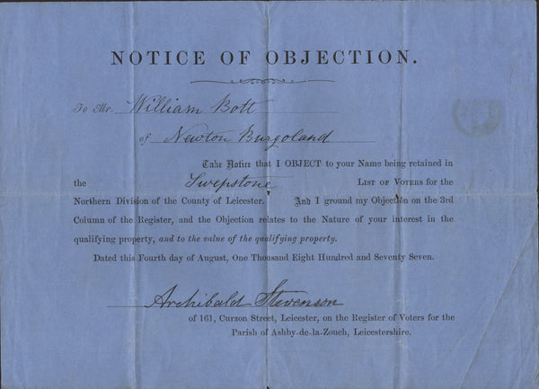 138953 1857 'NOTICE OF OBJECTION' USED IN LEICESTER WITH 3D ROSE PL.19 (SG144)(QE).