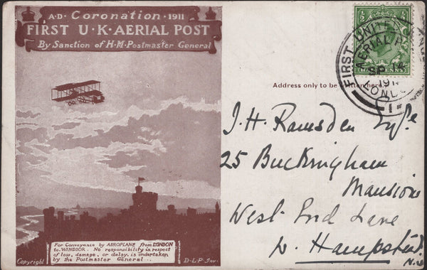 138980 1911 FIRST OFFICIAL U.K. AERIAL POST/LONDON POST CARD IN BROWN TO HAMPSTEAD.