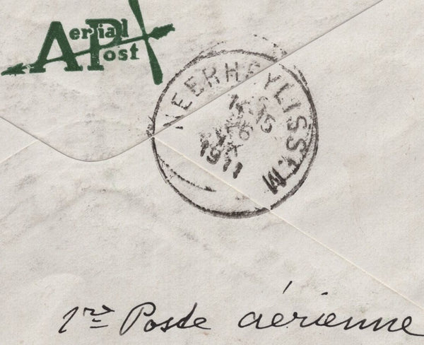138982 1911 FIRST OFFICIAL U.K. AERIAL POST/LONDON ENVELOPE IN BRIGHT GREEN TO BELGIUM.
