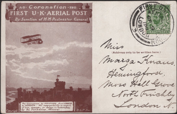 138983 1911 FIRST OFFICIAL U.K. AERIAL POST/LONDON POST CARD IN BROWN USED IN LONDON.