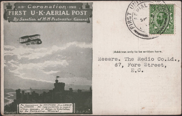 138984 1911 FIRST OFFICIAL U.K. AERIAL POST/LONDON POST CARD IN OLIVE-GREEN WITH 'H.T.J.' ADVERT ON REVERSE.