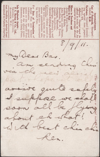 138985 1911 FIRST OFFICIAL U.K. AERIAL POST/LONDON POST CARD IN RED-BROWN TO 'RANGOON, BURMA, INDIA'.
