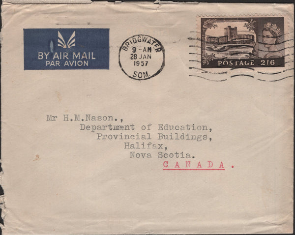 138988 1959 AIR MAIL BRIDGWATER TO NOVA SCOTIA WITH 2/6 CASTLE.