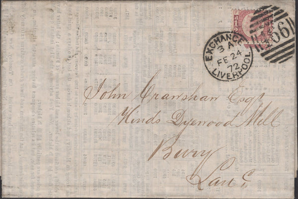 138989 1872 PRINTED 'PRICES CURRENT' LIVERPOOL TO BURY WITH ½D PL.8 (SG48).