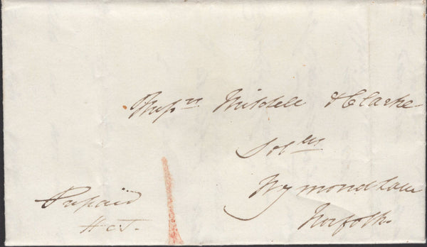 138990 1832 AND 1840 LETTERS, FROM HARLESTON, NORFOLK TO  WYMONDHAM SHOWING '9' RATE AND '1' UPP RATE FOLLOWING POSTAL REFORM.