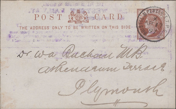 139000 1897 ½D BROWN POST CARD 'BRISTOL AND PENZANCE T.P.O. UP' DATE STAMP.