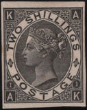 139037 1867 2S BLUE IMPERFORATE PLATE PROOF IN BLACK ON WHITE CARD.