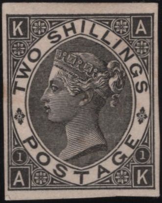 139037 1867 2S BLUE IMPERFORATE PLATE PROOF IN BLACK ON WHITE CARD.