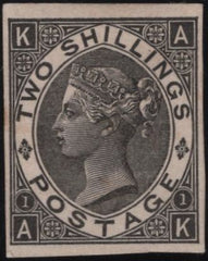 139037 1867 2S BLUE IMPERFORATE PLATE PROOF IN BLACK ON WHITE CARD.