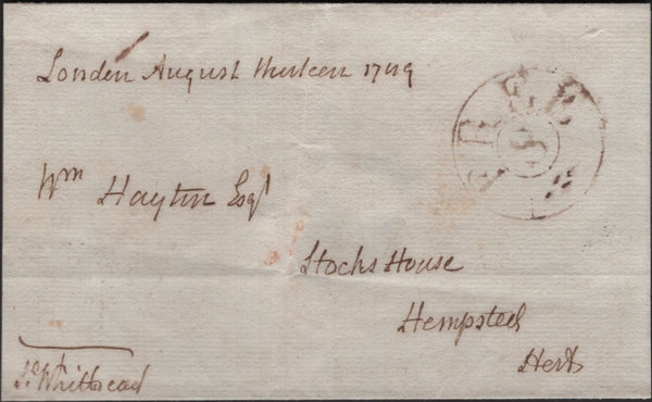139089 1789 FREE FRANK LONDON TO HEMPSTED, HERTS WITH 'FREE/S' HAND STAMP IN PURPLE (L770).