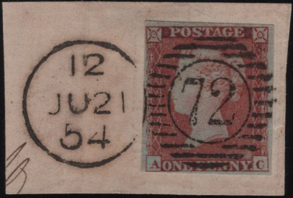 139108 1853 1D PL.165 (SG8)(AC) ON PIECE, GOOD USED, MISSING IMPRIMATUR LETTERING.