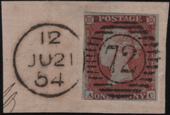 139108 1853 1D PL.165 (SG8)(AC) ON PIECE, GOOD USED, MISSING IMPRIMATUR LETTERING.