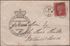 139112 1865 MAIL LONDON TO WESTMORELAND WITH 'CROWN/ROYAL.AGRICULTURAL.SOCIETY.OF.ENGLAND' CACHET IN BLACK.