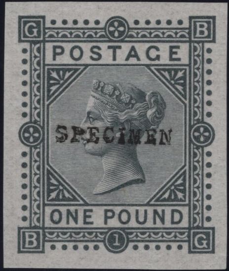 139125 1878 £1 COLOUR TRIAL (SG129) DEEP GREY-BLACK IMPERFORATE OVERPRINTED 'SPECIMEN' TYPE 9.