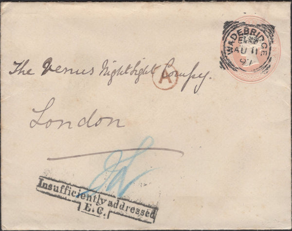 139132 1891 1D PINK ENVELOPE WADEBRIDGE, CORNWALL TO LONDON WITH 'Insufficiently addressed/E.C.' HAND STAMP.
