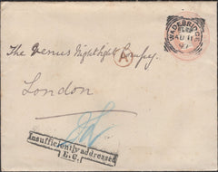 139132 1891 1D PINK ENVELOPE WADEBRIDGE, CORNWALL TO LONDON WITH 'Insufficiently addressed/E.C.' HAND STAMP.
