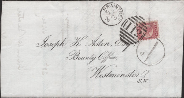 139172 1874 MAIL BRAINTREE TO QUEEN ANNE'S BOUNTY, LONDON WITH ½D (SG48) SURCHARGED LETTER RATE.