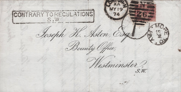 139173 1874 MAIL USED WITHIN LONDON TO QUEEN ANNE'S BOUNTY WITH ½D (SG48) SURCHARGED LETTER RATE.