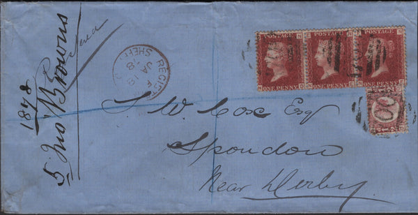 139177 1878 REGISTERED MAIL SHEFFIELD TO SPONDON WITH ½D (SG48) AND 1D (SG43) X 3.