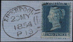 139198 1854 2D BLUE (SG19) ON PIECE WITH 'LIVERPOOL/466' SPOON (RA49).